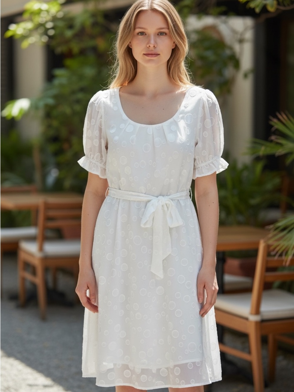NY Collection White Midi Dress with Self-Tie Belt
